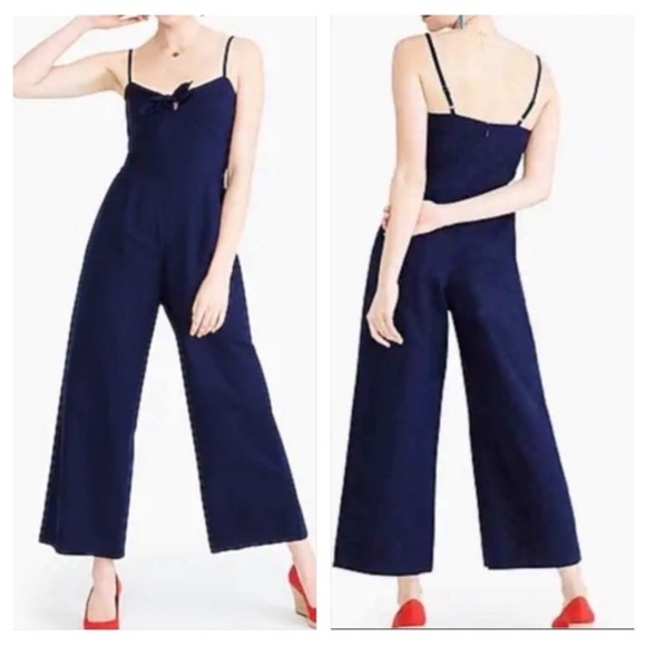 J. Crew Jumpsuit Navy Blue Linen Cotton Tie Front Wide Leg L6968 size 14 - Picture 3 of 16